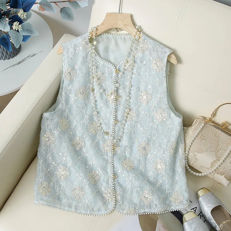 欧根纱国风马甲百搭时尚中国风夏季马夹无袖绣花宽松刺绣复古