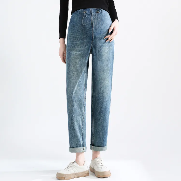 孕妇牛仔老爹裤秋冬加绒加厚外穿大码抽绳无托腹宽松直筒牛仔裤