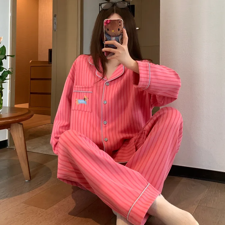 韩版条纹腊肠狗睡衣女款春秋季纯棉长袖长裤家居服两件套装可外穿