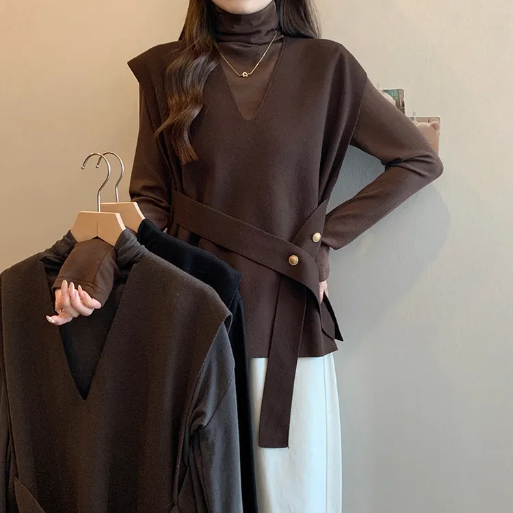 大码女装秋冬款胖mm法式气质赫本系带马甲堆堆领打底衫两件套