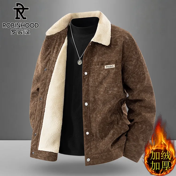 罗宾汉/ROBINHOOD男士秋冬季加绒加厚保暖夹克宽松灯芯绒上衣外套