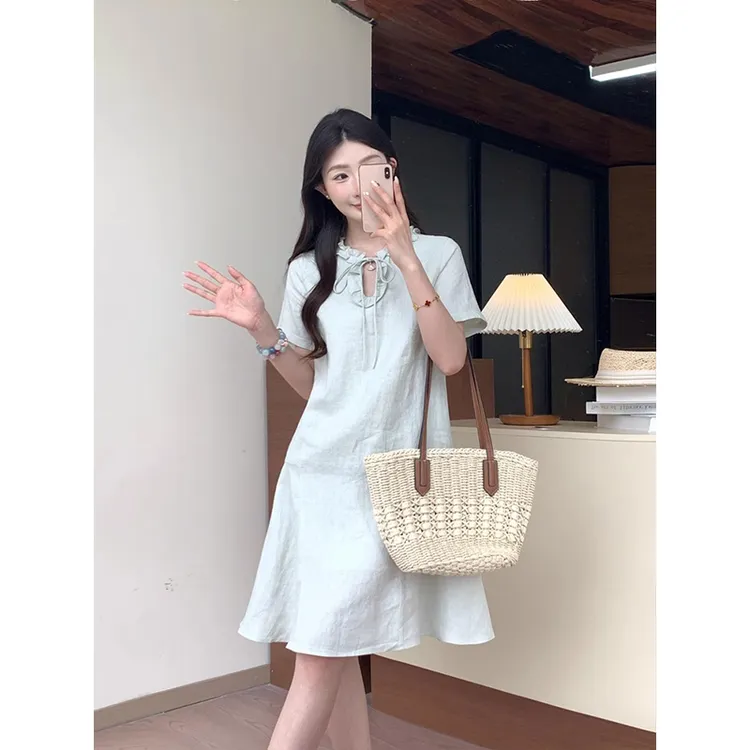 夏季新款亚麻连衣裙女法式木耳朵边韩系风甜美减龄短款A字短裙子