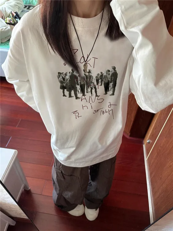 大码纯棉ins风美式oversize正肩长袖t恤女秋季宽松早秋长袖上衣