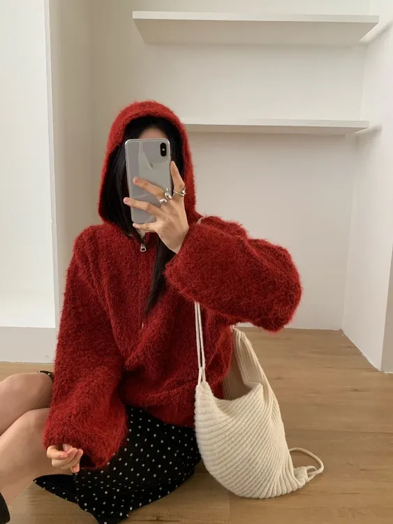 加厚韩系软糯宽松连帽毛衣女秋冬新款半拉链毛圈慵懒风针织衫外套