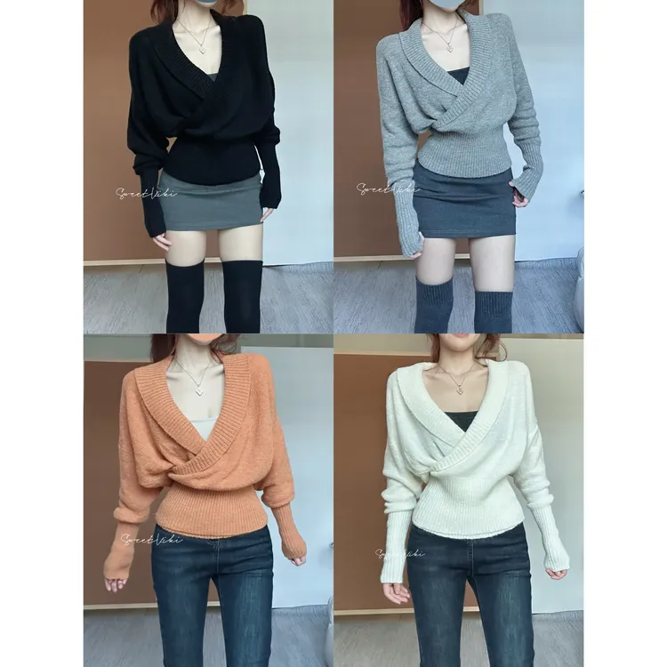 SweetKiki 掐腰小毛衣 交叉V领针织衫收腰气质百搭上衣长袖轻熟风