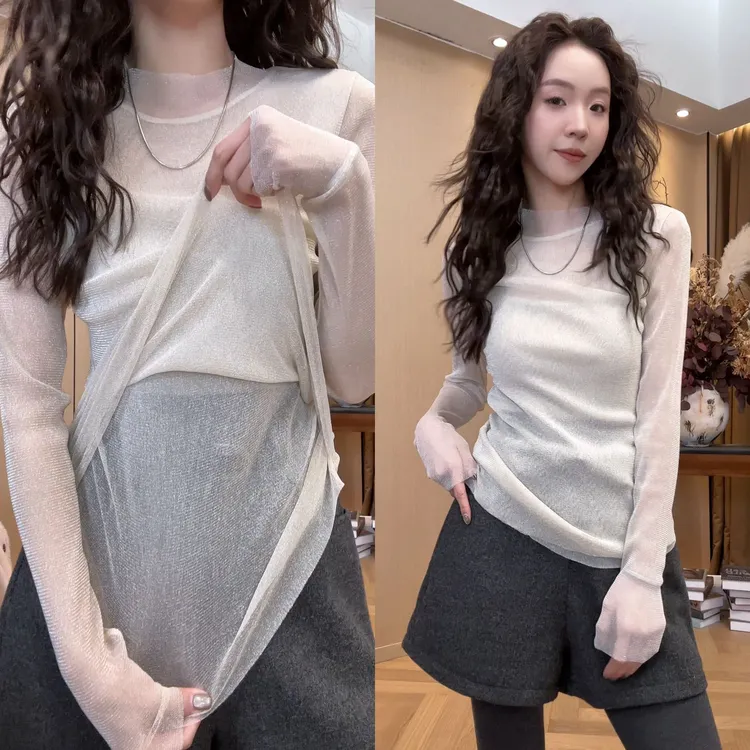 小静静一会【双层纱银丝小衫】2025冬季新款百搭休闲打底 2601D30