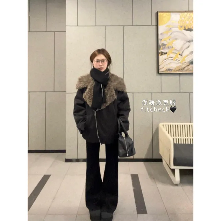 parkyeon秋冬新款毛绒翻领保暖派克服外套高腰显瘦微喇休闲裤套装