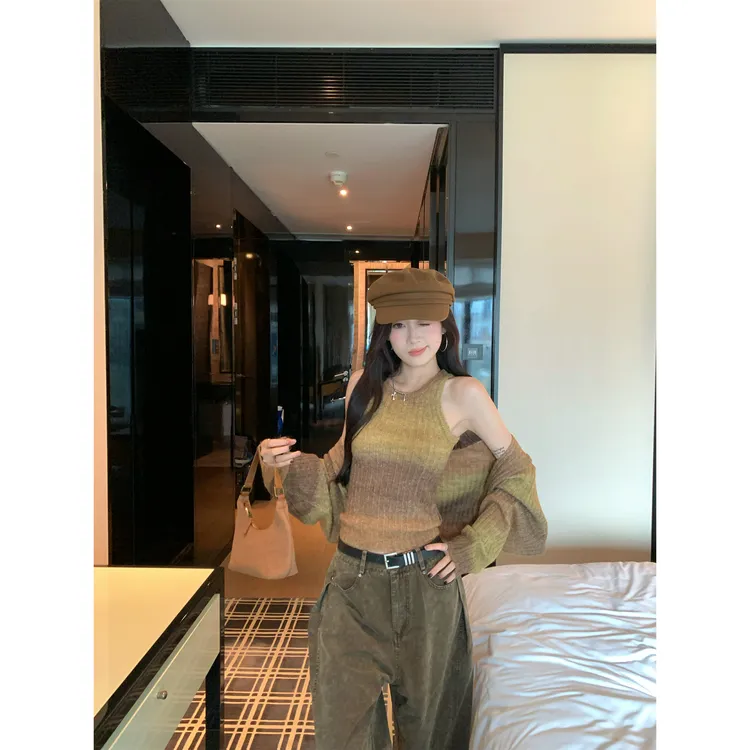 复古长袖针织衫扎染设计感背心坎肩上衣女2025秋季新款时尚套装潮
