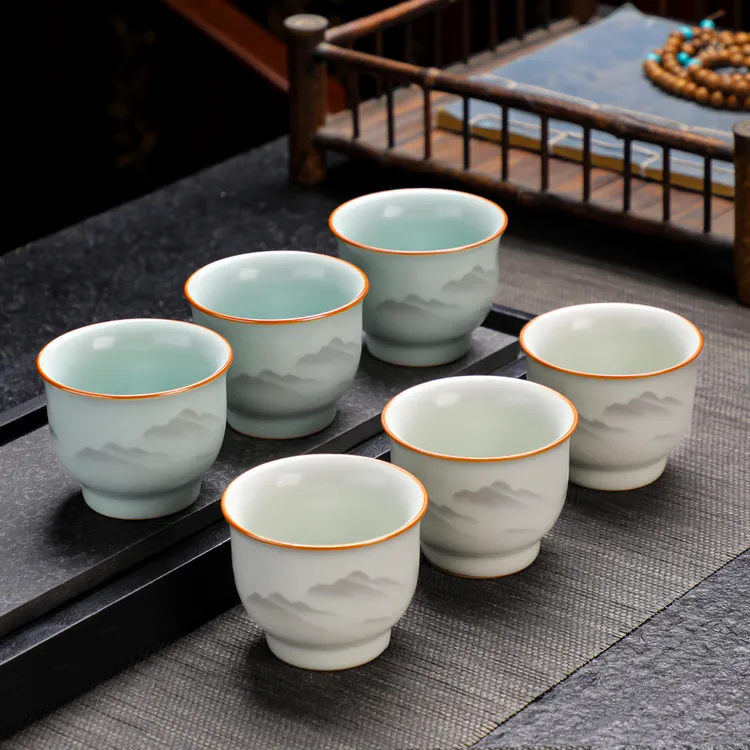 大号开片汝窑主人杯茶杯套装6个家用茶具杯子喝茶茶碗陶瓷礼盒装