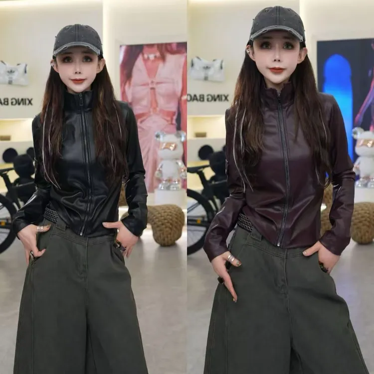 星宝定制暗黑RO风秋冬新款PU蛋白皮衣显瘦拉链机车风外套女1363