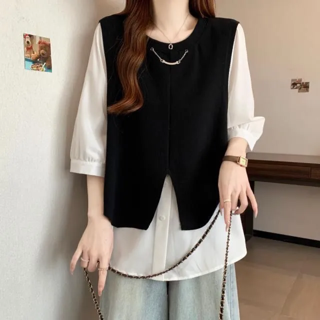 洋气黑色马甲配白色衬衫女2025春夏季大码胖mm假两件七分袖上衣