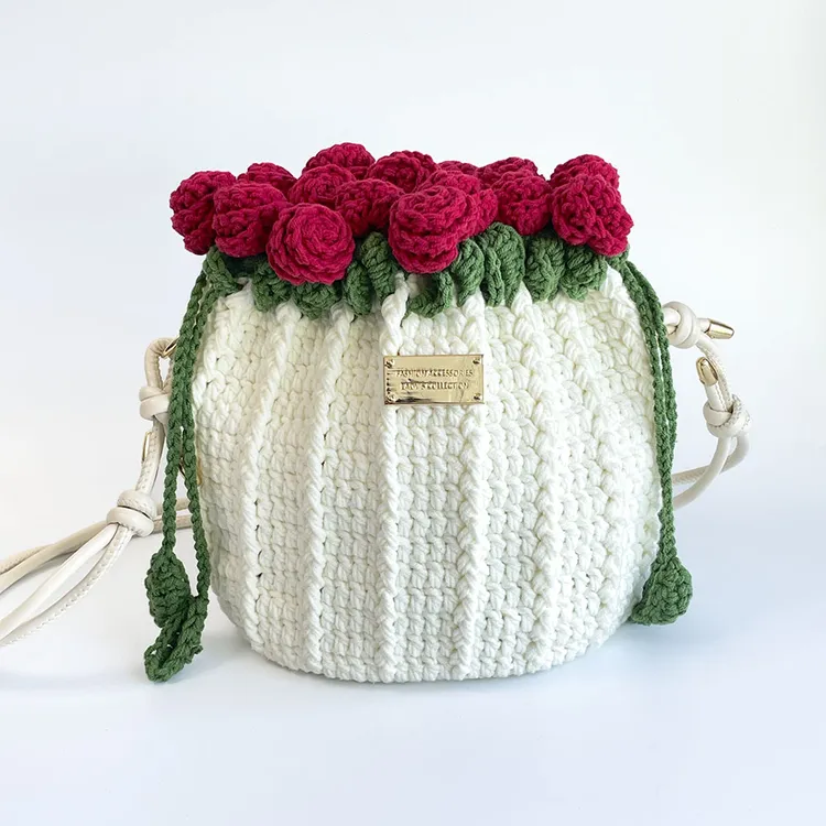 【材料包】玫瑰花包包束口水桶包手工编织钩针diy毛线钩织包有教程