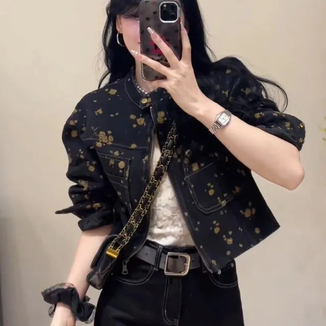 复古花色印花牛仔外套女2025春秋新款设计感小众短款气质休闲夹克