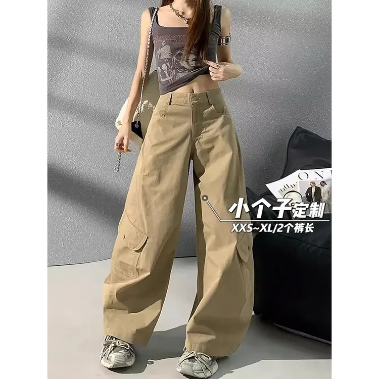美式牛仔工装裤女秋季150小矮个子高腰复古阔腿拖地裤休闲弯刀裤