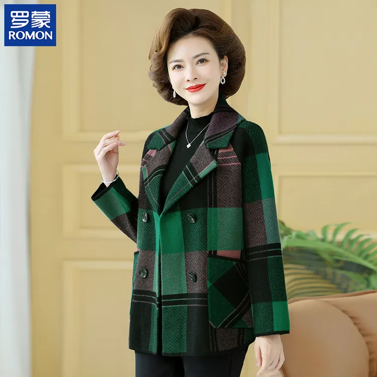 罗蒙妈妈秋装新款格子外套中年翻领呢子大衣中老年秋季休闲上衣  