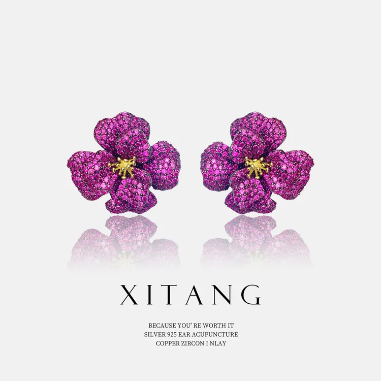 XITANG 925银针【牡丹花语】红色手工耳钉耳环耳坠8124