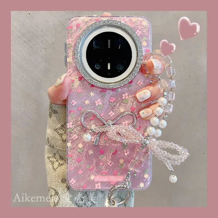 适用华为mate70pro+手机壳水钻镜框Mate60pro+粉花朵立体银蝴蝶结