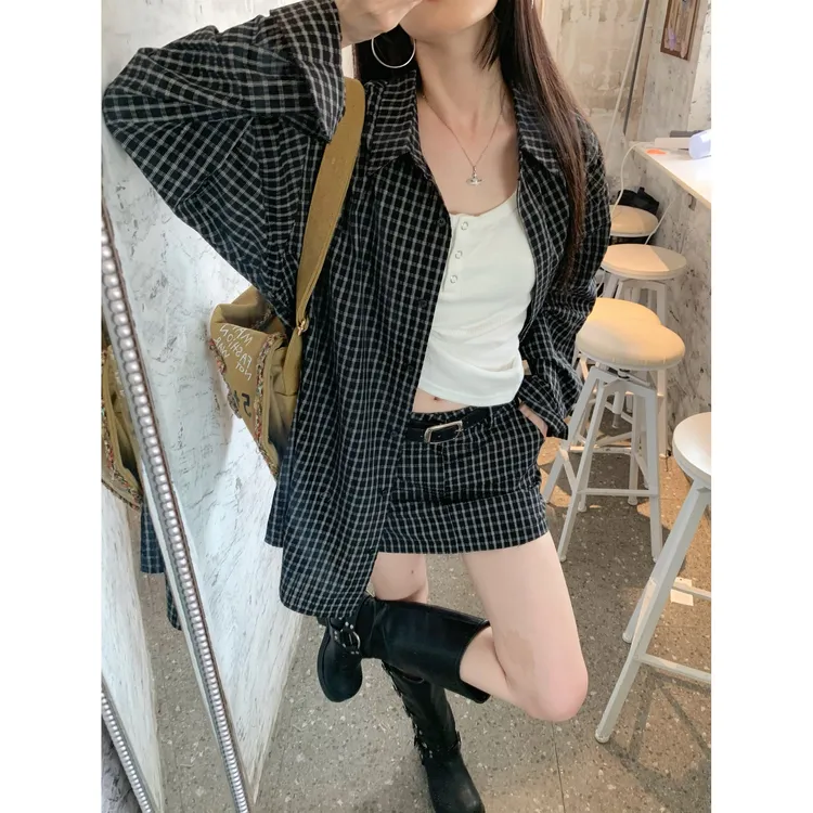 2025春秋季新款女装时尚宽松休闲长袖格子衬衫外套半身裙两件套装
