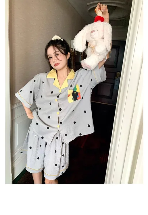 薄款夏季睡衣女短袖印花甜美家居服网红韩版拼色休闲灰色卡通套装