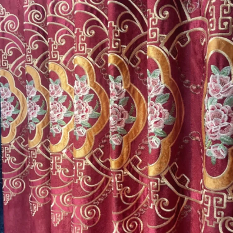 栆红色新中式绣花贴绒新款卧房新房婚房窗帘