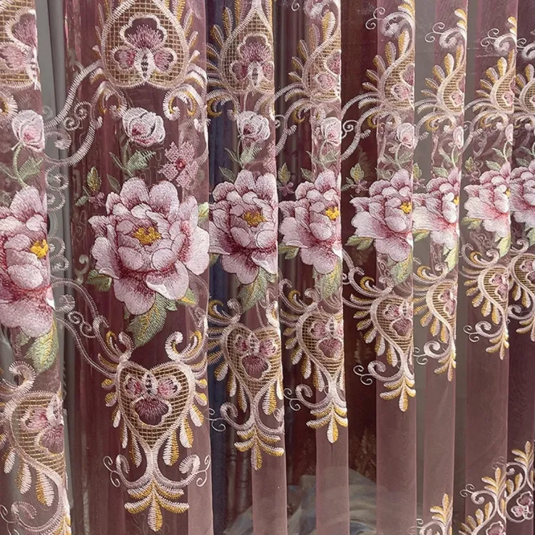 新款紫色高品质牡丹绣花客厅卧房窗纱