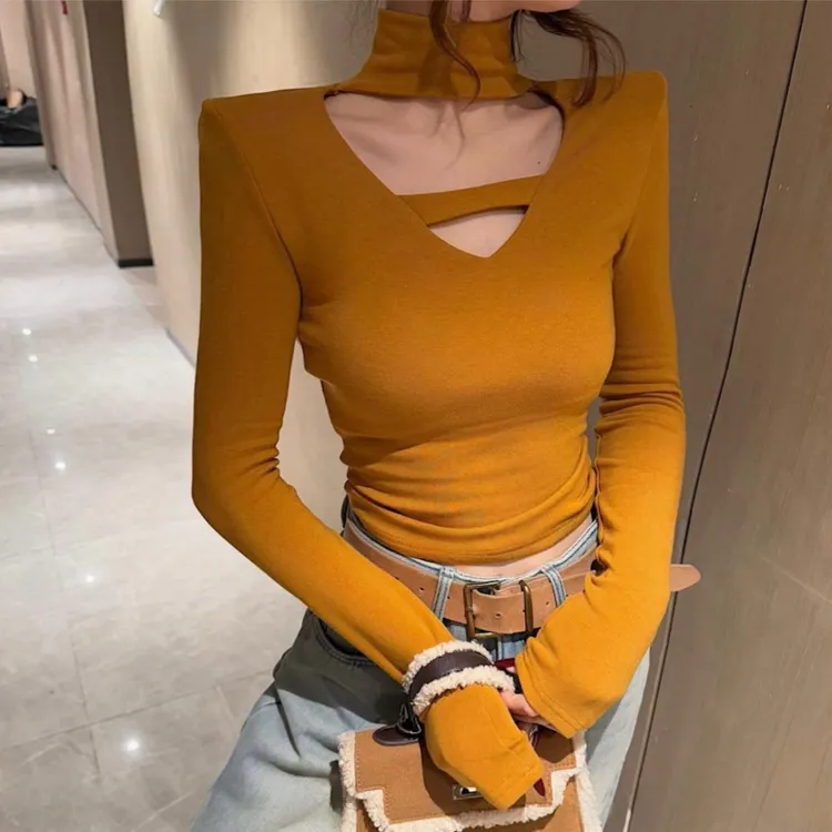 秋冬季新款女装感前时髦洋气半高领打底衫T恤上衣内搭镂空纯欲女