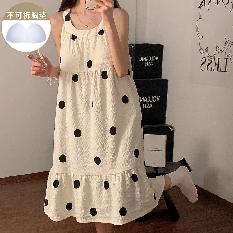 黑色波点睡衣女生夏季带胸垫吊带睡裙简约宽松连衣裙中长款家居服