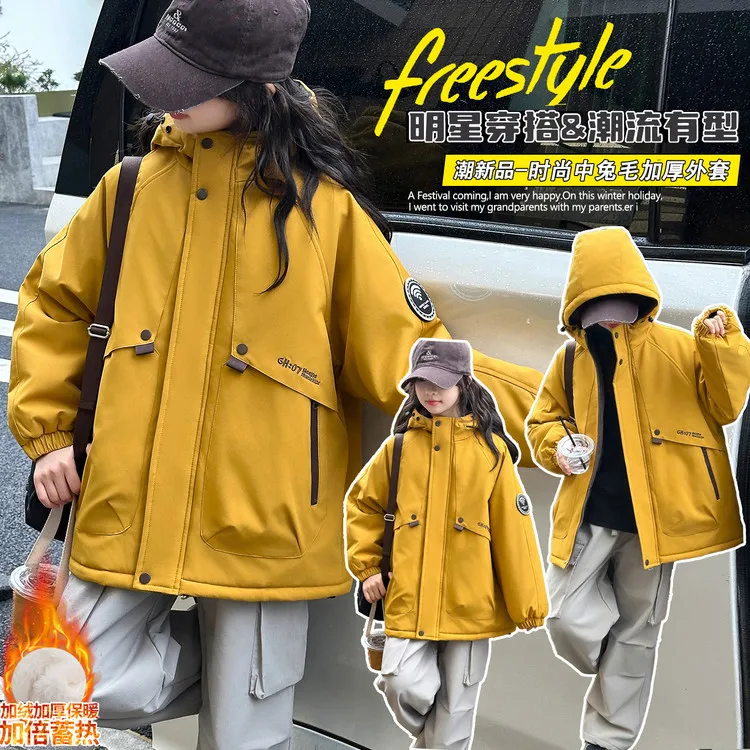 女童加绒派克服冬季新款中大童加厚连帽棉衣高中生冬装4-16岁13岁