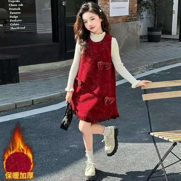 女童秋冬连衣裙2024新款洋气儿童背心裙套装女孩冬季红色
