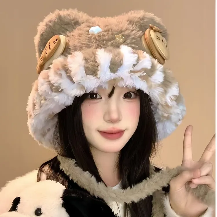 可爱猫咪小鱼毛绒针织帽子女秋冬显脸小大头围保暖防寒护耳雷锋帽