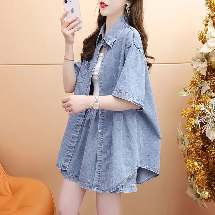 特大码300斤复古甜辣风牛仔套装两件套夏季宽松休闲百搭舒适显瘦