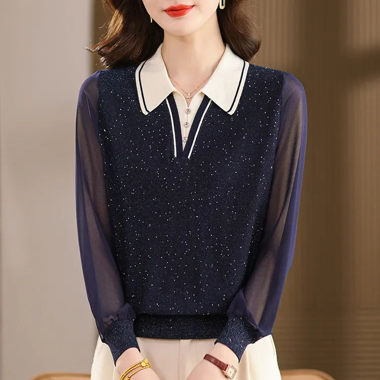 高级感大码POLO翻领拼接网纱上衣女宽松气质轻熟风套头薄款针织衫