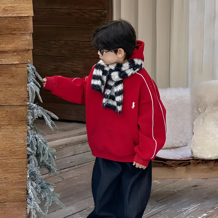 韩版男童卫衣儿童秋冬加绒2025新款刺绣连帽保暖红色年服童装潮