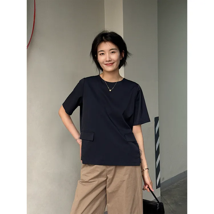 LANGQING 藏青色圆领正肩高级感气质宽松简约日常舒适上衣44506#