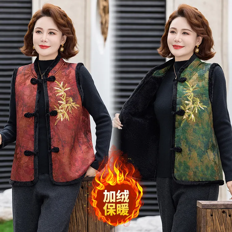 棉袄时尚风中老年女装马夹马甲民族风加绒加厚修身型气质中国凤