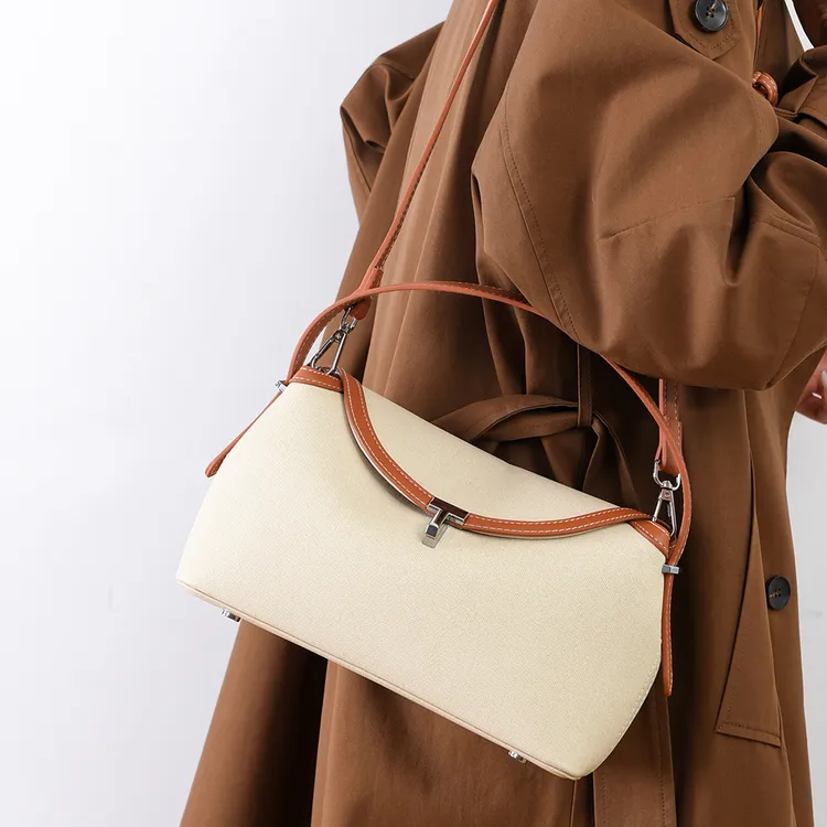 气质百搭斜挎包高质感帆布时尚包包简约大容量撞色单肩包通勤女包