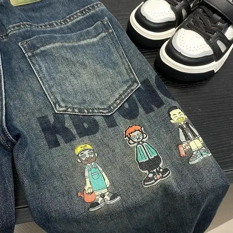 宽松系带牛仔裤韩版百搭五分裤印花磨毛秋季时尚春秋长裤裤子