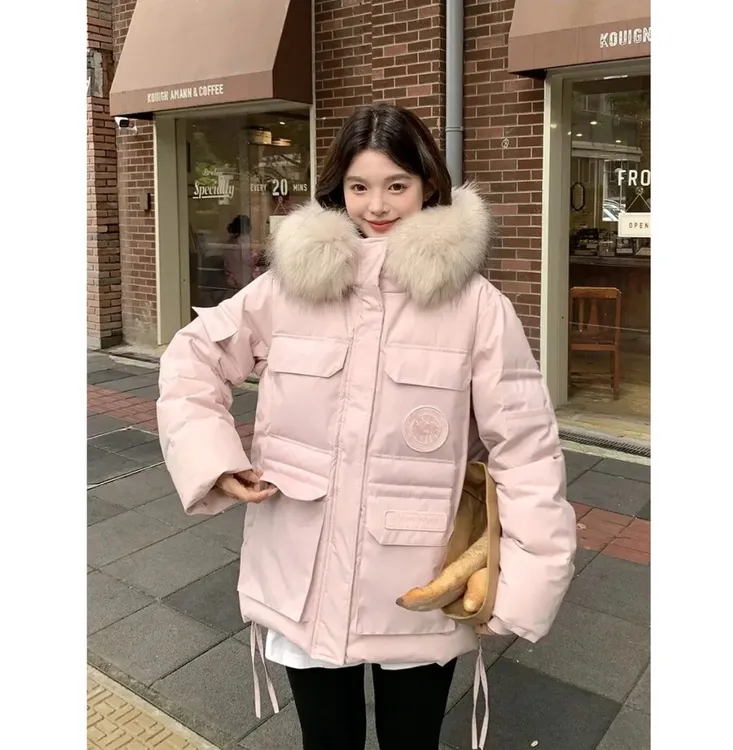 小婉依依  2025新款冬季派克服羽绒棉服女加厚宽松可拆卸毛领外套