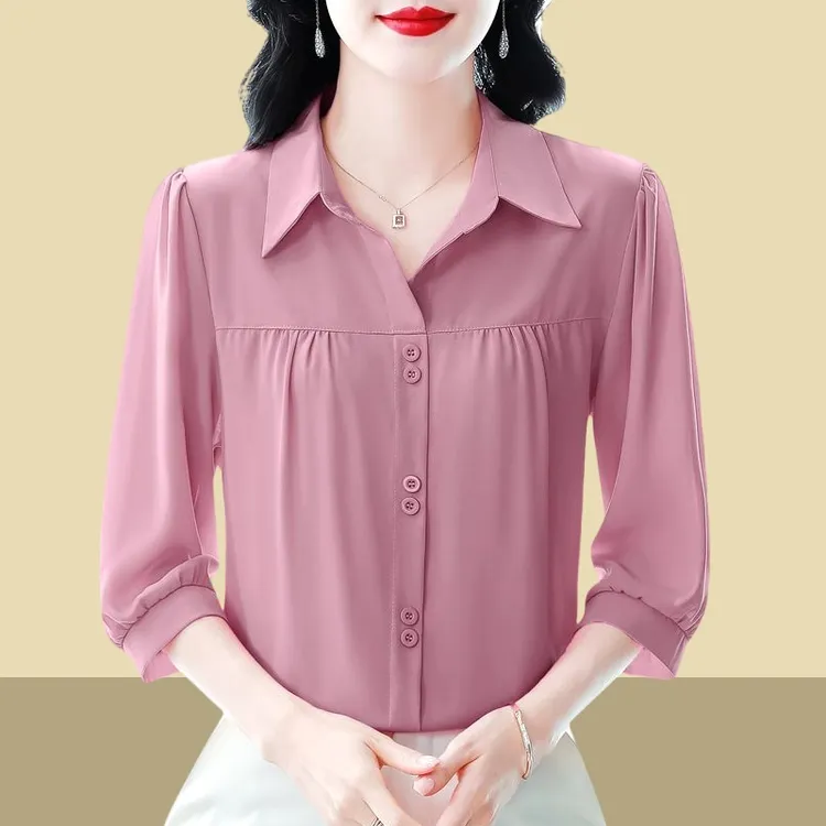 夏季薄款七分袖纯色设计感雪纺上衣洋气显瘦百搭气质时尚小衫女士
