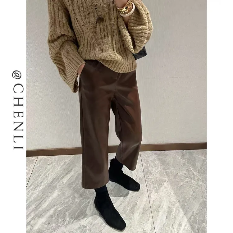 XiANJiE 2025秋冬【黑胶爵士】极简风高级质感纹理打褶直筒九分皮裤