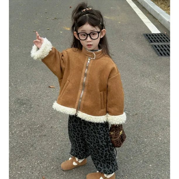 套装2025冬季新款女童韩系鹿皮绒皮毛一体立领短款慵懒风套装
