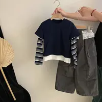 【安安家】女童秋季假两件条纹长袖上衣花边工装裤两件套潮R25524