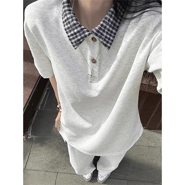 假两件格纹拼接polo衫短袖男款夏季学院风衬衫领t恤美式复古半袖