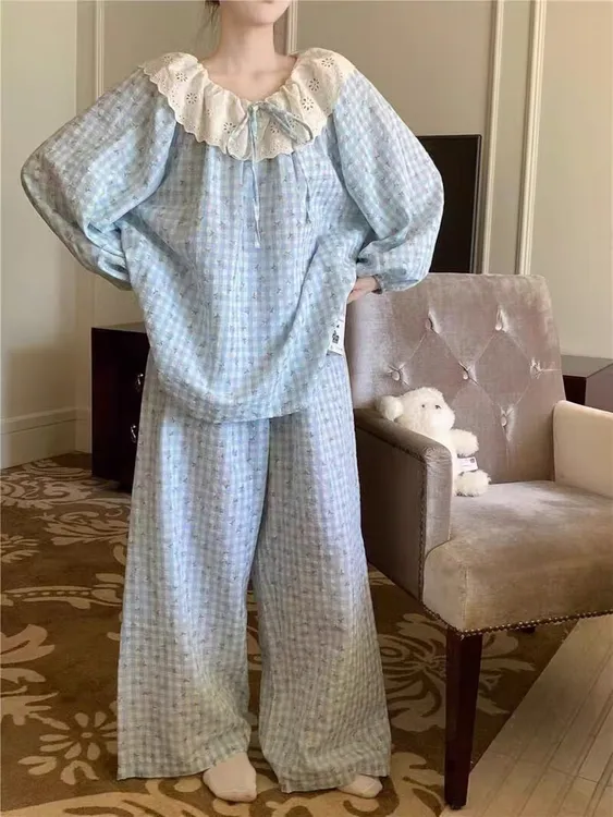 【DMXJ大梦想家】甜美公主蕾丝花边蓝色格子碎花2025款春秋睡衣套装