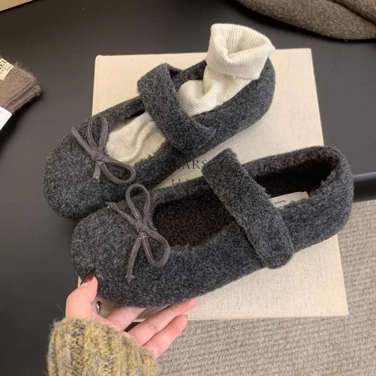 小香风蝴蝶结灰色毛毛内加绒勃肯鞋厚底玛丽珍浅口毛毛鞋圆头单鞋