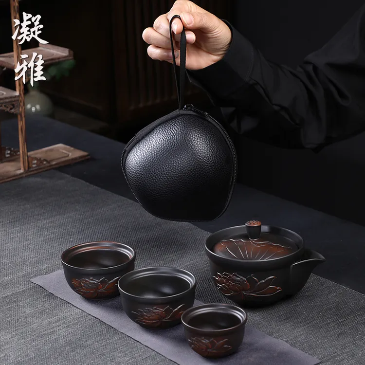 国潮紫陶快客杯一壶三杯便携式包旅行茶具车载家用悬停泡茶壶送礼