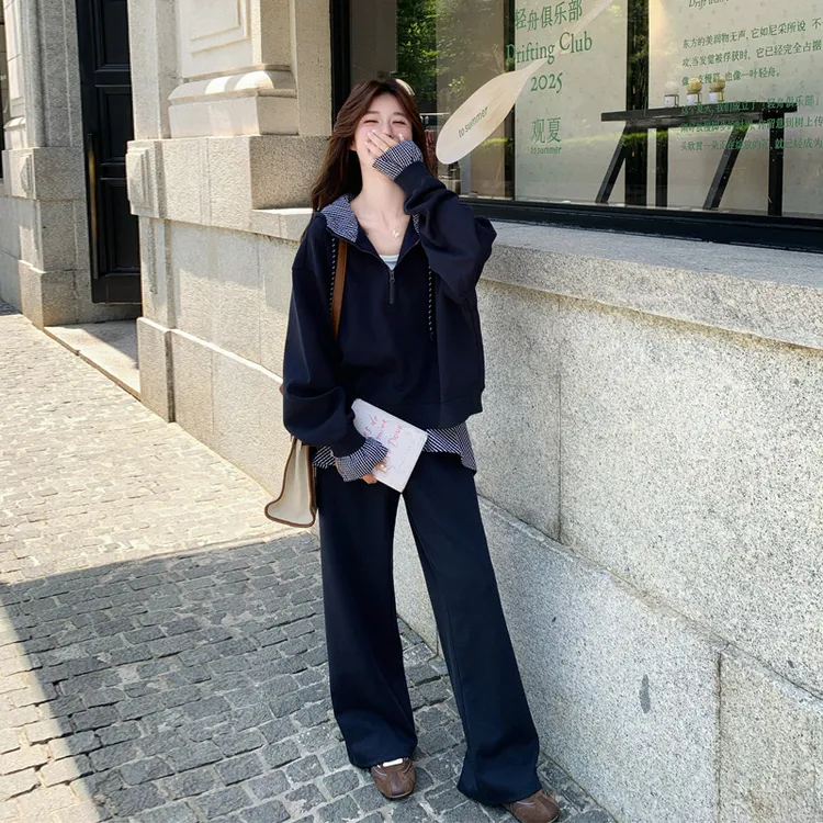 设计感格纹拼接卫衣休闲裤2025春秋新款小众时尚韩系ins慵懒套装
