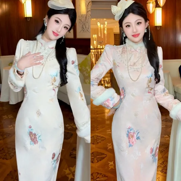 【媛珠 喜秀花团】重工刺绣国风水貂毛蕾丝珍珠时尚套装秋冬旗袍