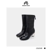 毛妮LADIESFIRST小香风拼色瘦瘦靴中筒靴粗跟法式骑士靴DX9327