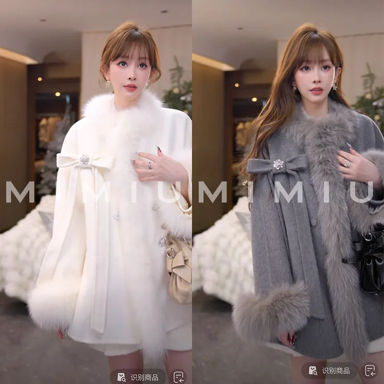 【mimius】P 羊毛羊绒双面呢钻扣蝴蝶结狐狸毛大衣汉服 G12218